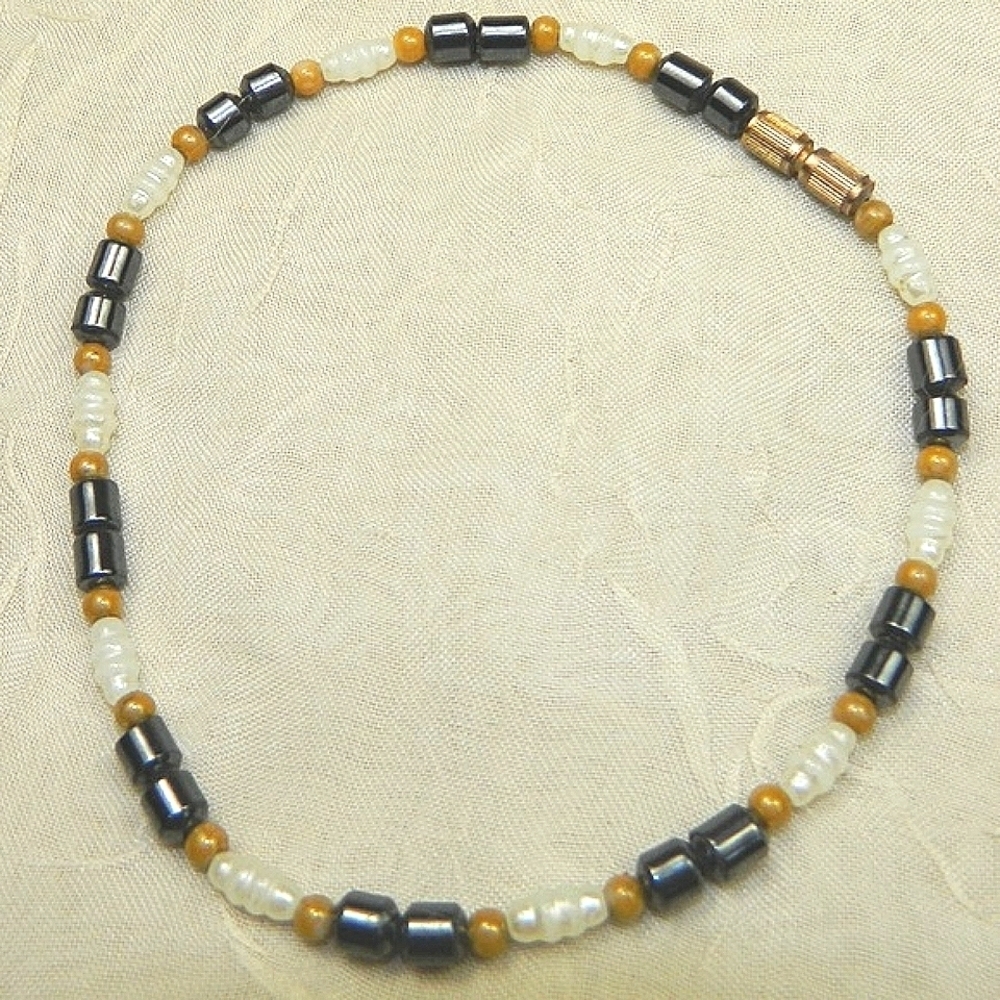 Vintage 1960s Pearl Hematite Agate Beaded Bracelet 7.5" Screw Clasp Hawaii